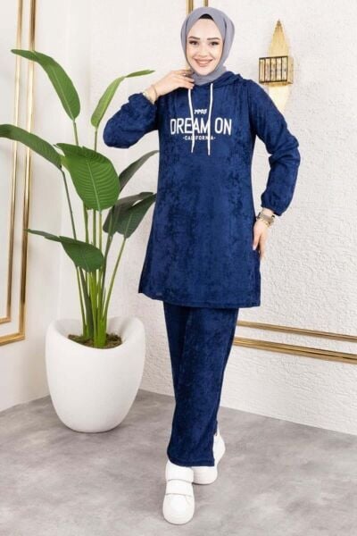 Baskılı Kapşonlu Kadife Takım