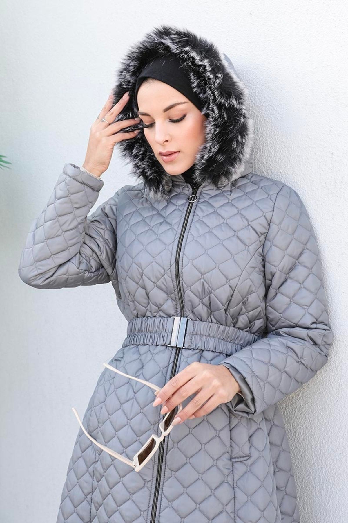 Kadın Kapitone Şişme Mont Gri