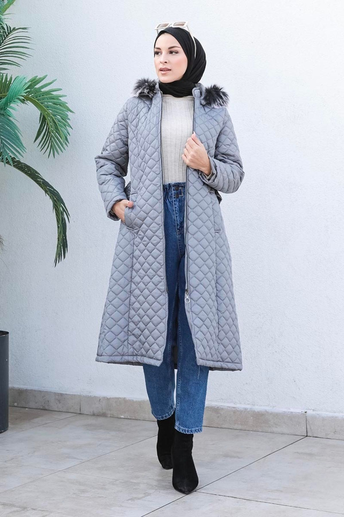 Kadın Kapitone Şişme Mont Gri