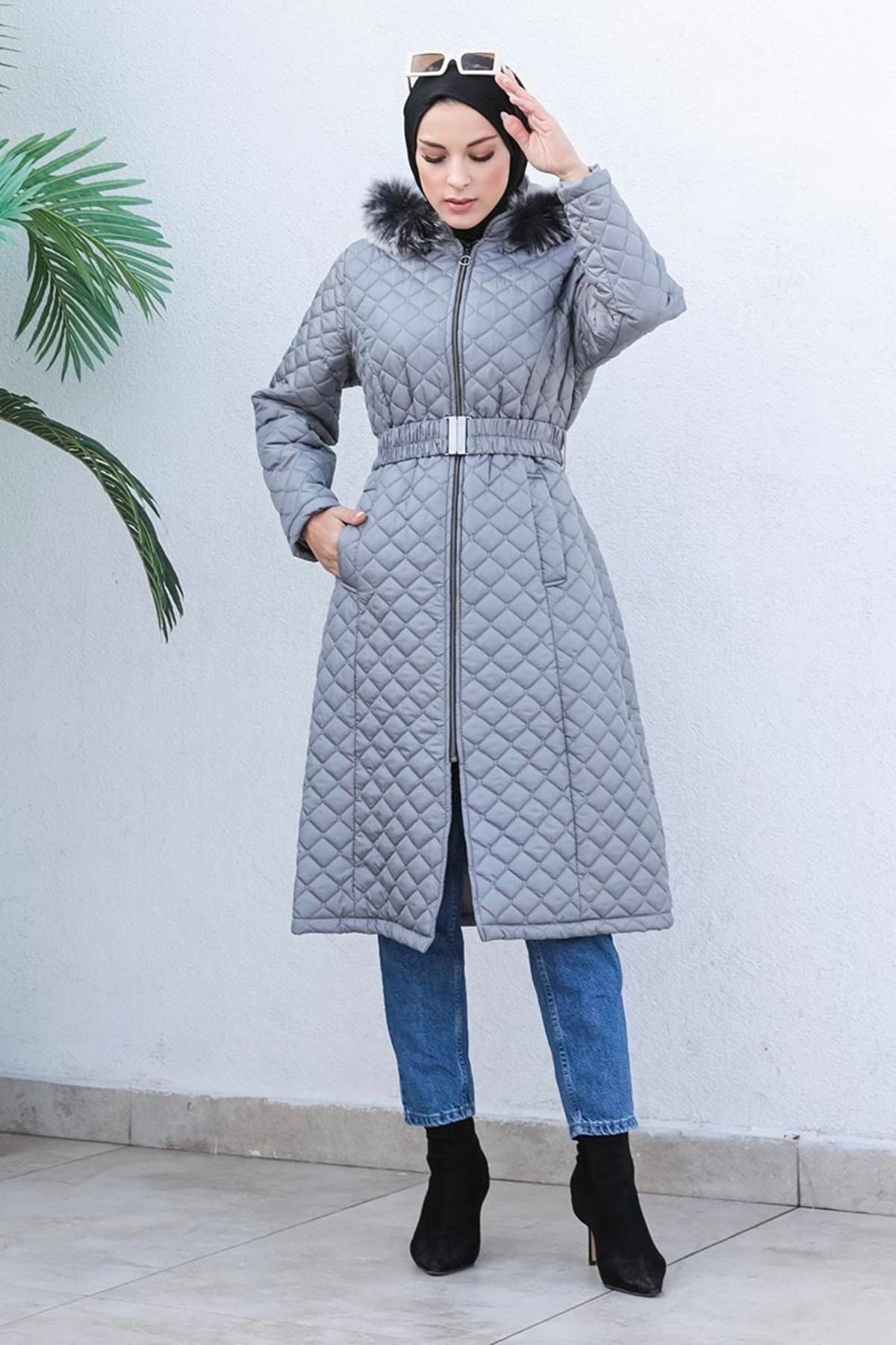 Kadın Kapitone Şişme Mont Gri