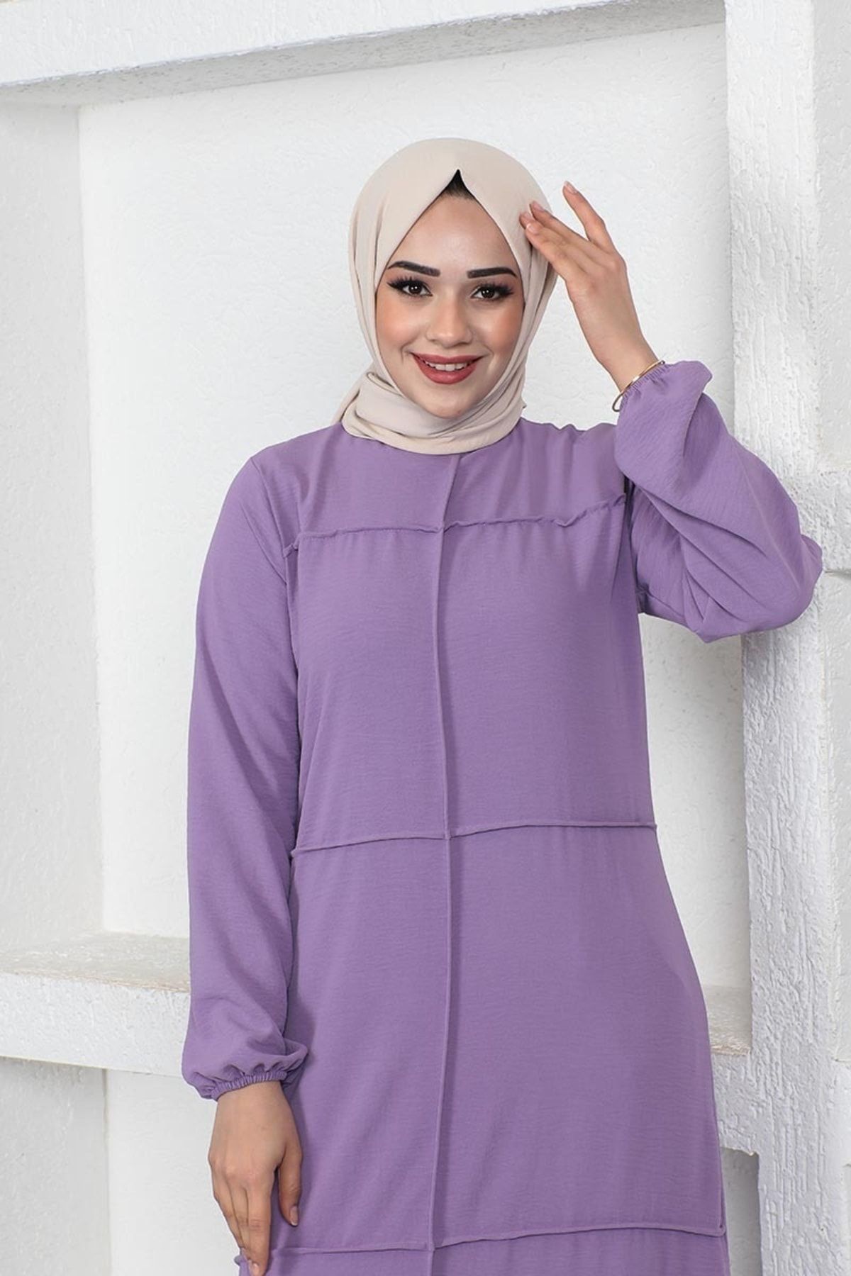 Dikiş Detaylı Model Elbise Lila