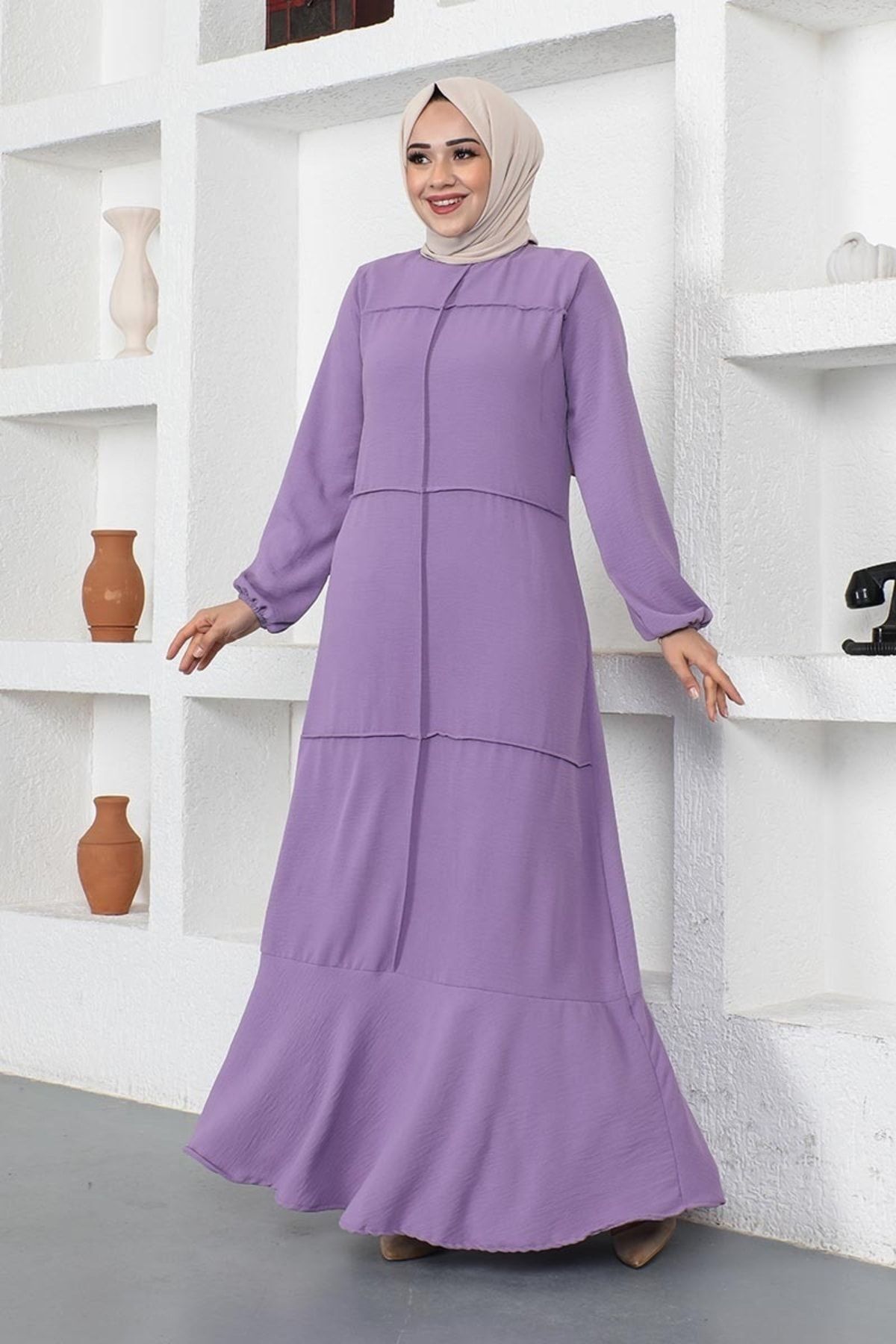 Dikiş Detaylı Model Elbise Lila