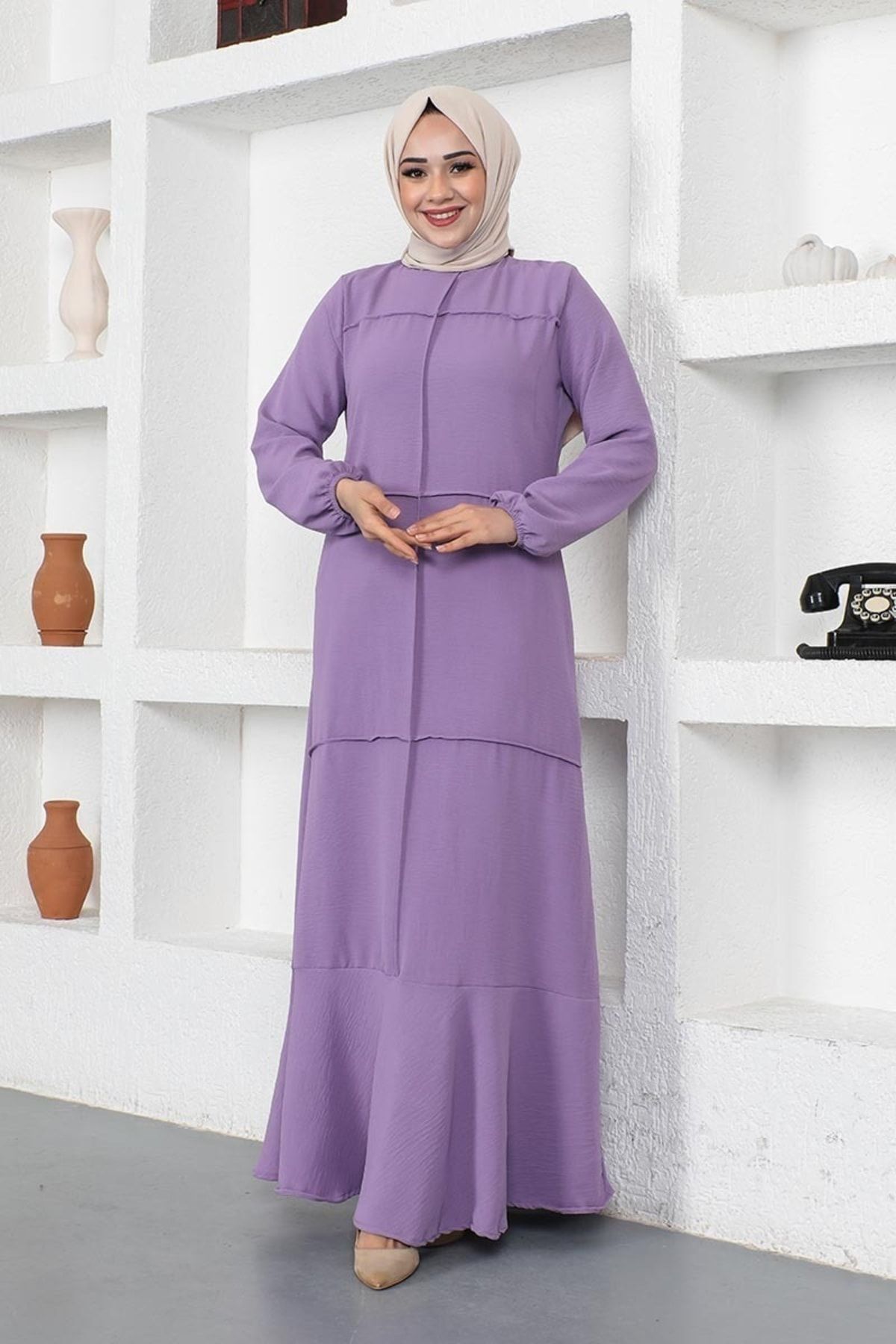 Dikiş Detaylı Model Elbise Lila