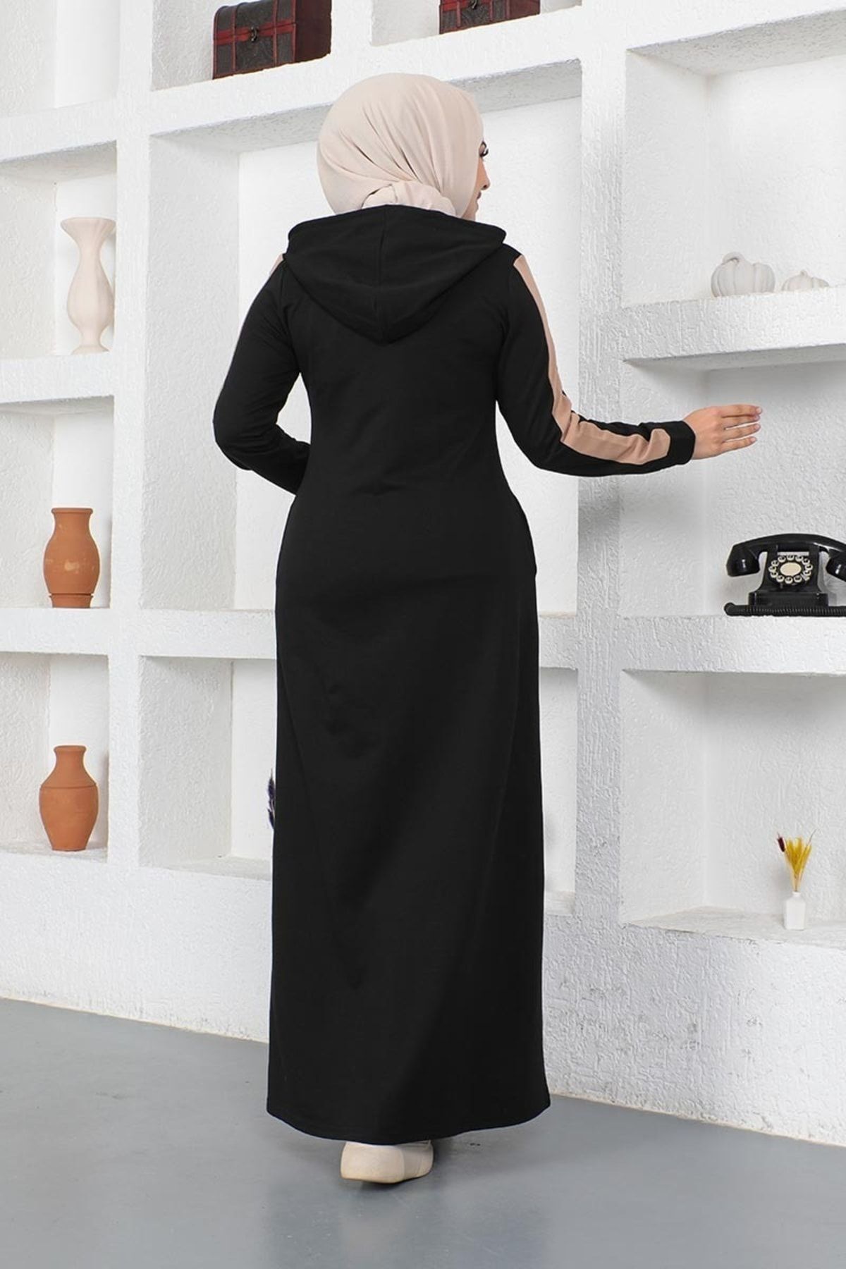 Kuş Gözü Şerit Detay Spor Ferace Siyah