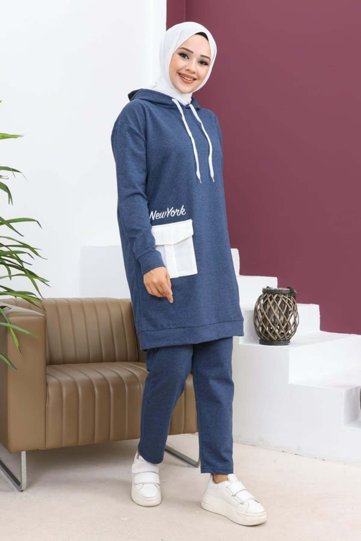 Cepli Spor Takım Indigo Tunik Kadın Spor Takım Kapalılara Özel Spor Kadın