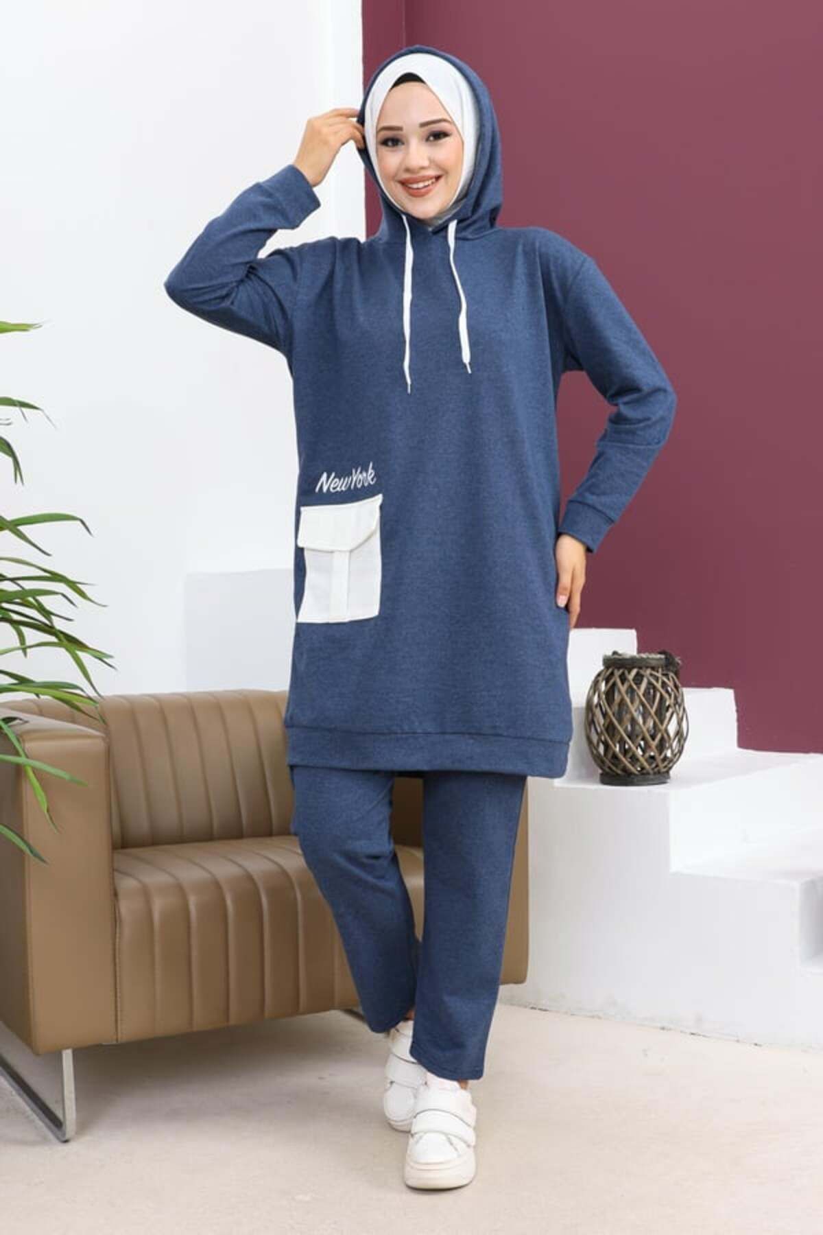 Cepli Spor Takım Indigo Tunik Kadın Spor Takım Kapalılara Özel Spor Kadın