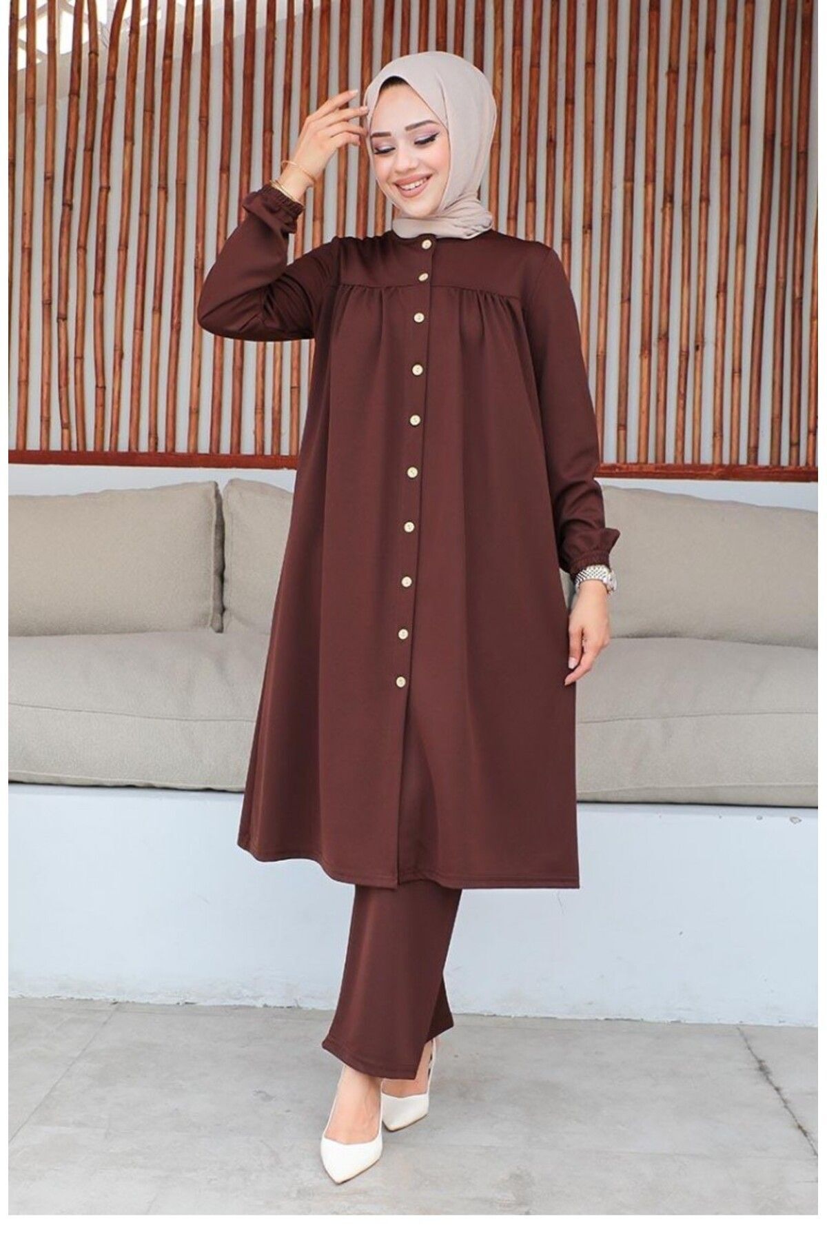 Büzgülü Tesettür Takım 2061-02 Kahverengi