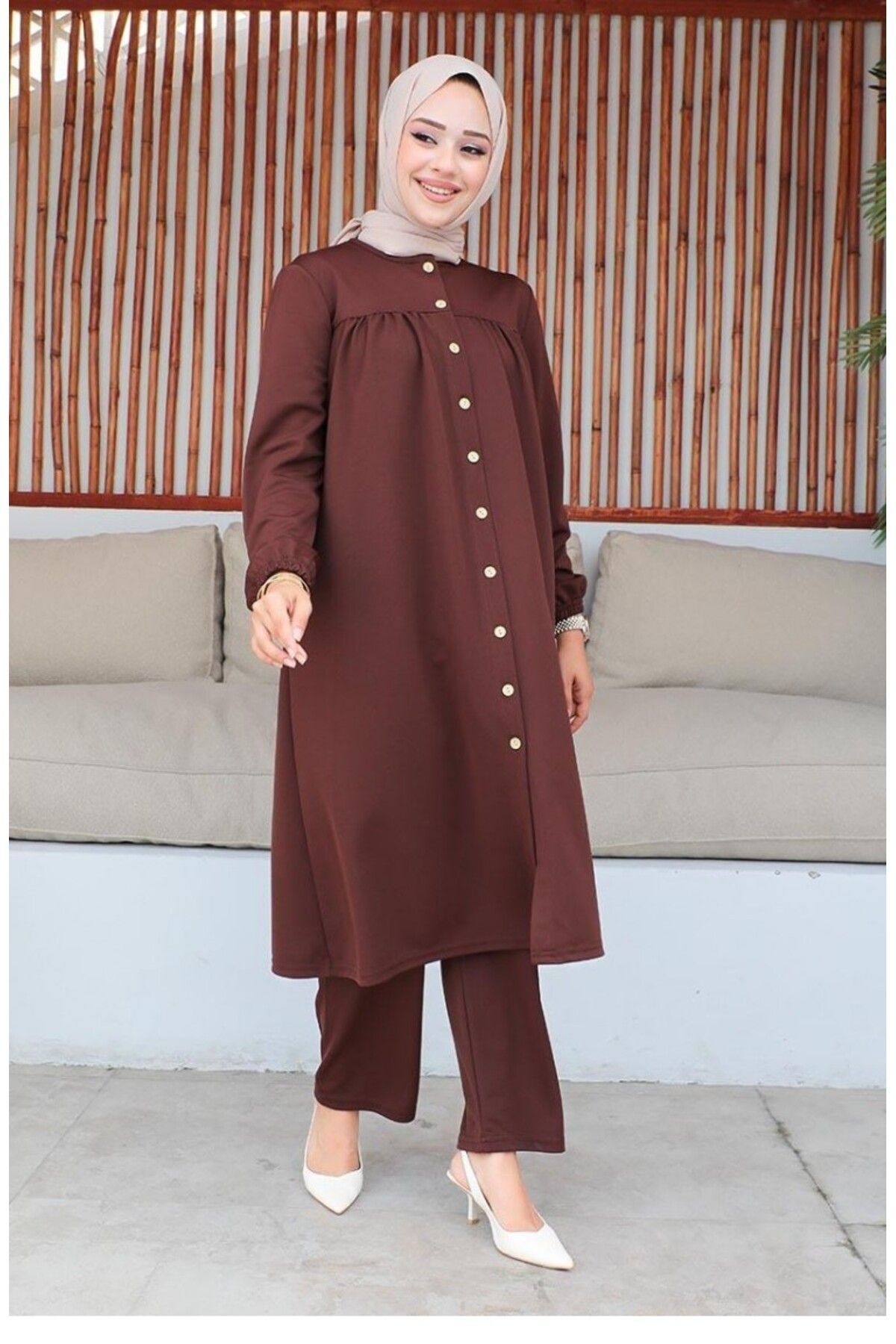 Büzgülü Tesettür Takım 2061-02 Kahverengi