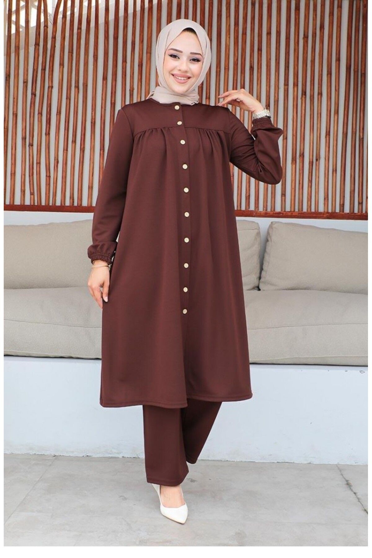 Büzgülü Tesettür Takım 2061-02 Kahverengi