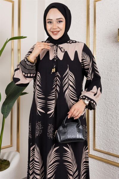 Yakası Bağlamalı Viskon Elbise SİYAH VİZON - SİYAH VİZON - 48