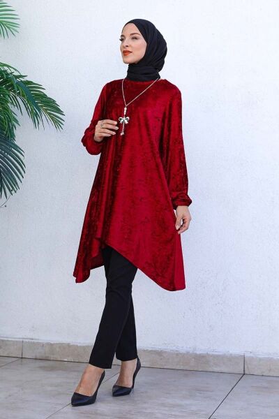 Asimetrik Model Kadife Tunik Bordo