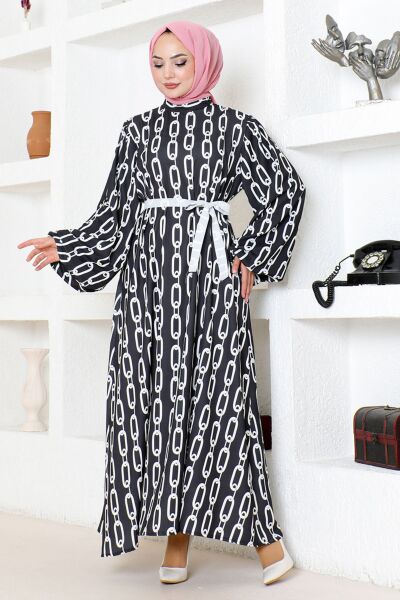 Zincir Desenli Elbise MDP7979 Siyah