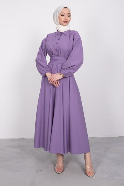 Düğmeli Gömlek Yaka Kloş Tesettür Elbise